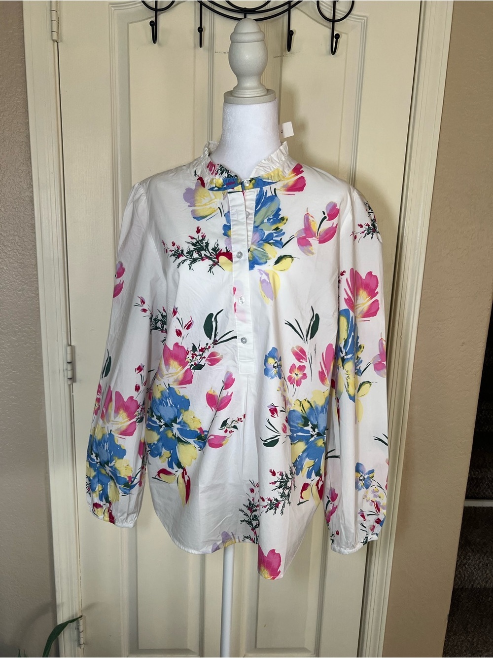 Talbots Floral Ruffle Mock Neck Popover Blouse XL 100% Cotton Long Sleeve NWT